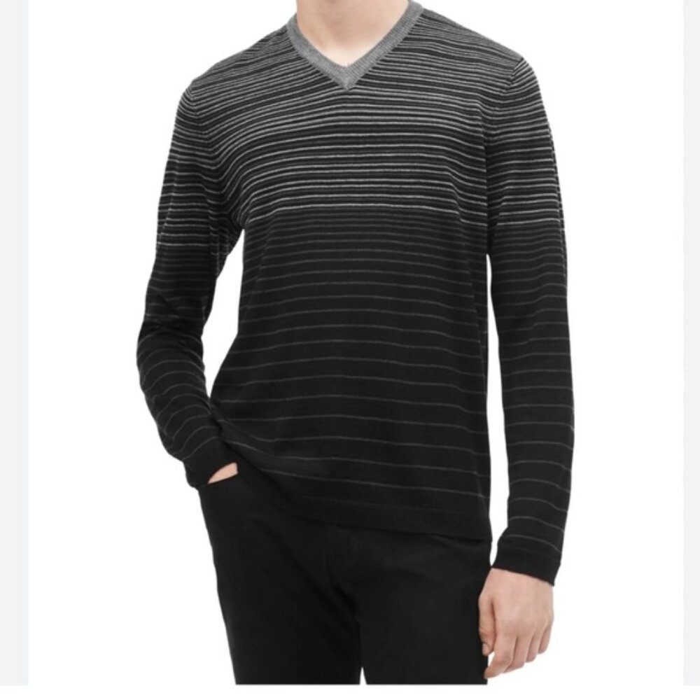 Calvin Klein Mens Ombre Stripe Pullover V-Neck Sweater 50% Merino Wool sz L NWOT